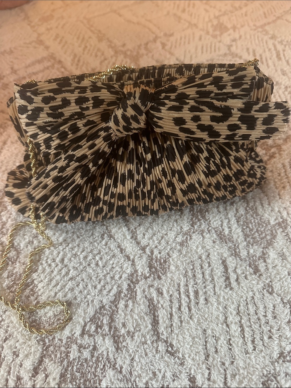 Loeffler Randall Pleated Leopard Bow Clutch w/ Gold Chain Strap Evening Bag - Picture 10 of 17